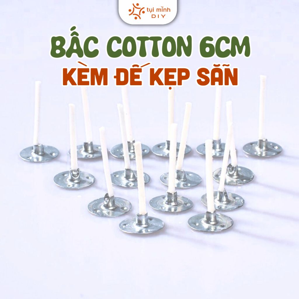 10 Bấc Nến Cotton 6cm Kèm Đế Kẹp Sẵn, Tim Nến, Dụng Cụ Làm Nến Thơm Handmade Tại Nhà