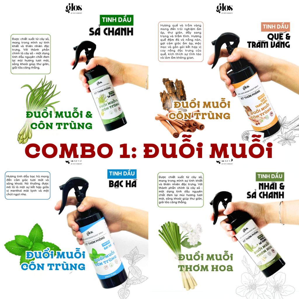 Combo 4 Chai Xịt Thơm Phòng 250ml Hương Sả Chanh, Bạc Hà, Giúp Đuổi Muỗi, Thư Giãn Cho Căn Phòng